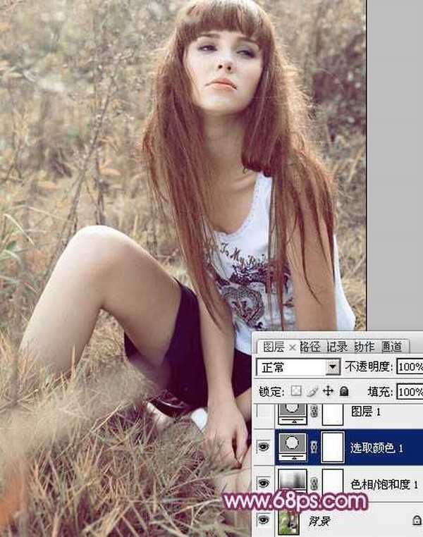 Photoshop为草地美女图片增加柔美的橙褐色效果