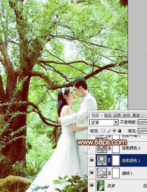 Photoshop将树林婚片调制出柔和的淡绿色