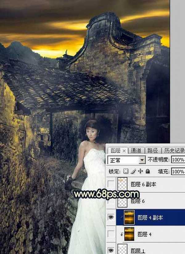 Photoshop调出高对比霞光色残旧古建筑人物图片